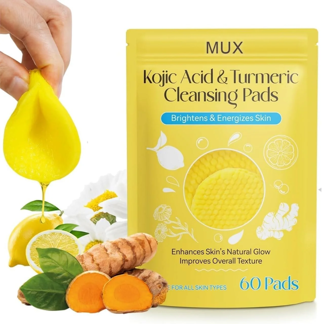 پدهای پاک کننده صورت حاوی زردچوبه و کوجیک اسید RadianceRevive، پدهای لایه بردار صورت برای کاهش لکه های تیره، پاک کننده عمیق منافذ | 60 عدد پد لایه بردار