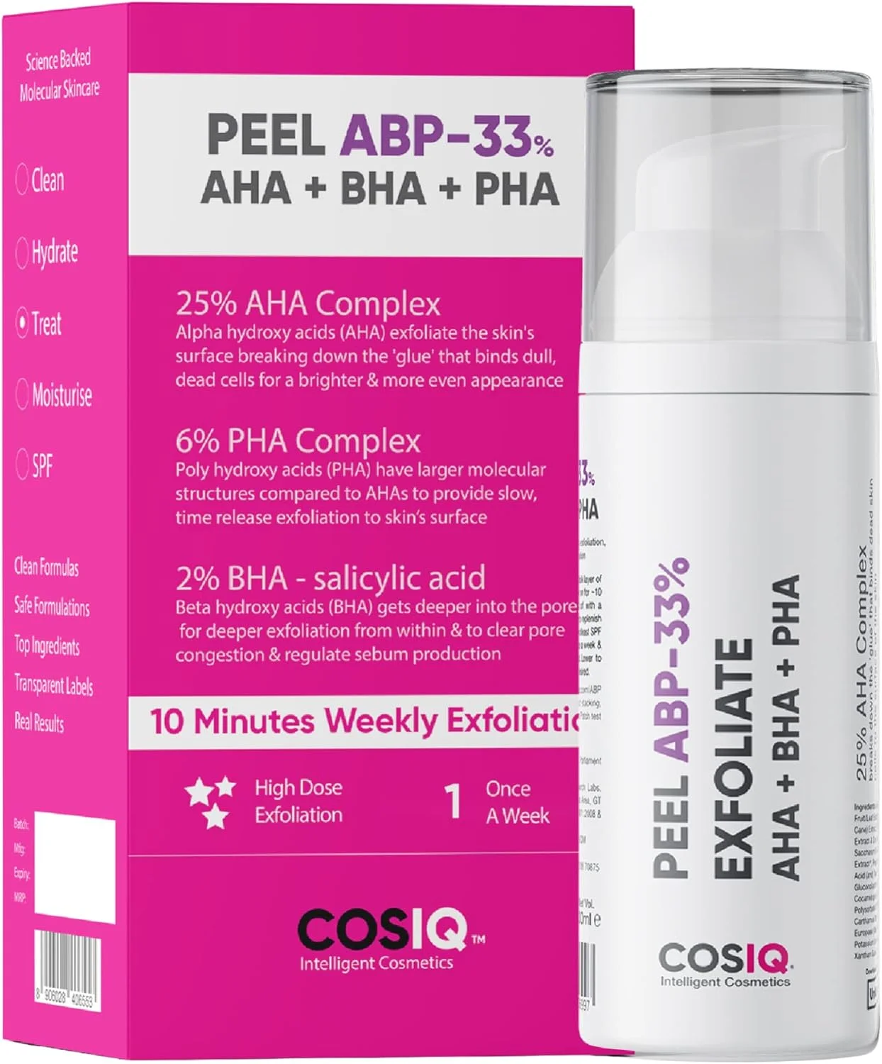 محلول لایه بردار صورت Cos-IQ حاوی 25% AHA + 2% BHA + 6% PHA | فیشیال 10 دقیقه ای | لایه برداری شیمیایی صورت برای پوست درخشان | سرم لایه بردار | مناسب آقایان و بانوان | فیشیال در خانه | 30 میلی لیتر