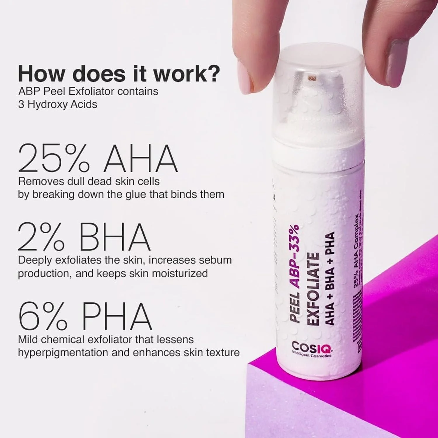 محلول لایه بردار صورت Cos-IQ حاوی 25% AHA + 2% BHA + 6% PHA | فیشیال 10 دقیقه ای | لایه برداری شیمیایی صورت برای پوست درخشان | سرم لایه بردار | مناسب آقایان و بانوان | فیشیال در خانه | 30 میلی لیتر