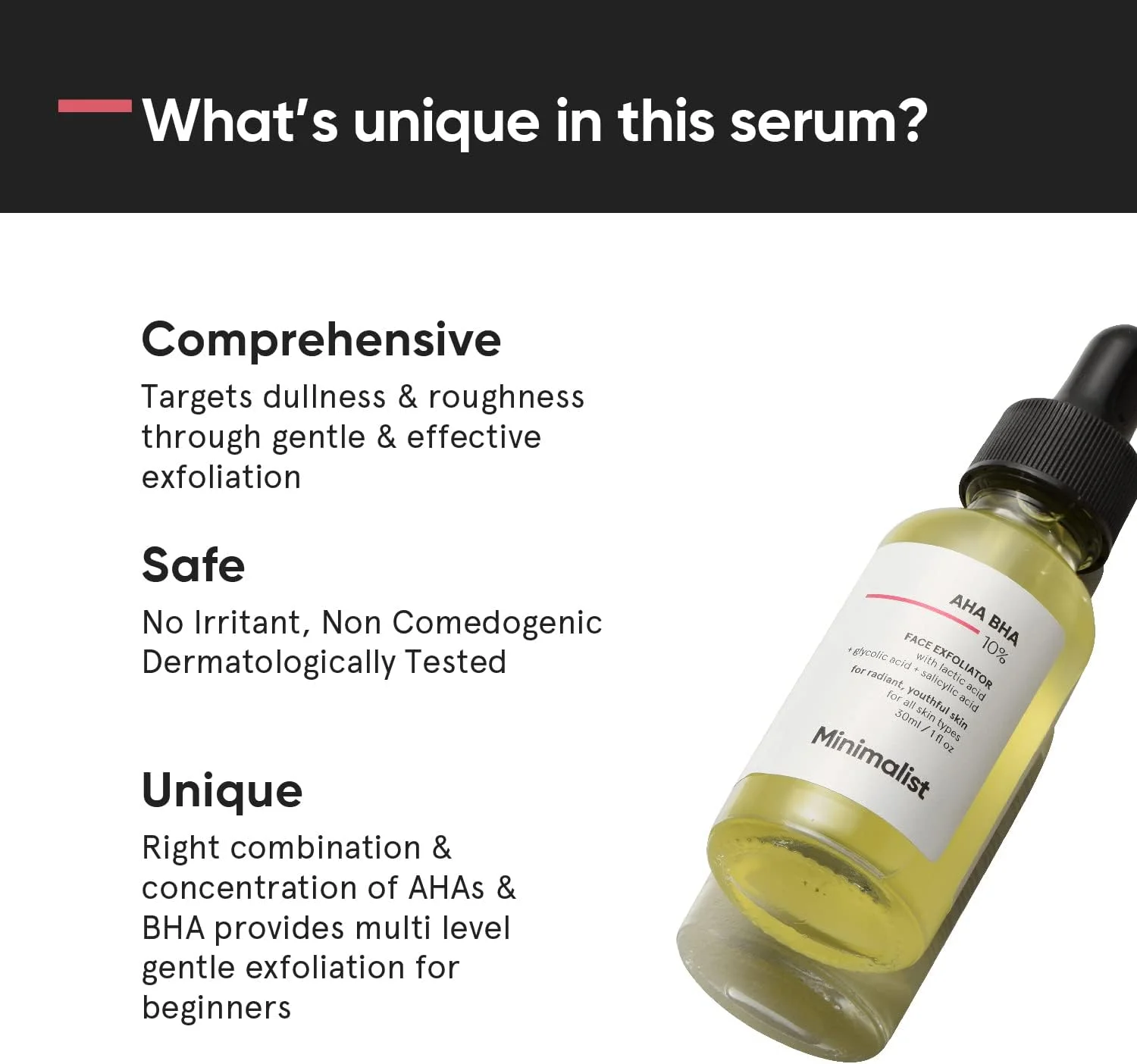 سرم لایه بردار ملایم 10% AHA BHA مینیمالیست برای مبتدیان | سرم AHA (لاکتیک اسید و گلیکولیک اسید) و BHA (سالیسیلیک اسید)