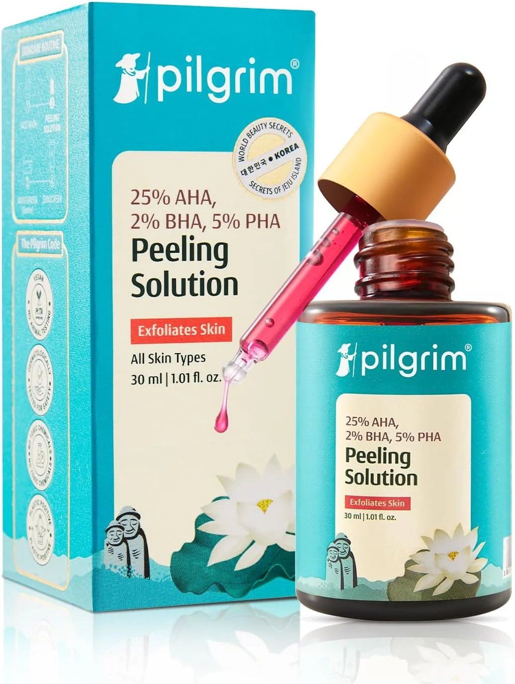 محلول لایه بردار پیلگریم 25% AHA + 2% BHA + 5% PHA حجم 30 میلی لیتر برای صورت و بدن | فیشیال 10 دقیقه ای در خانه | سرم لایه بردار ملایم برای از بین بردن تیرگی | برای پوست درخشان، یکدست شدن رنگ پوست، پاکسازی منافذ | آقایان، بانوان