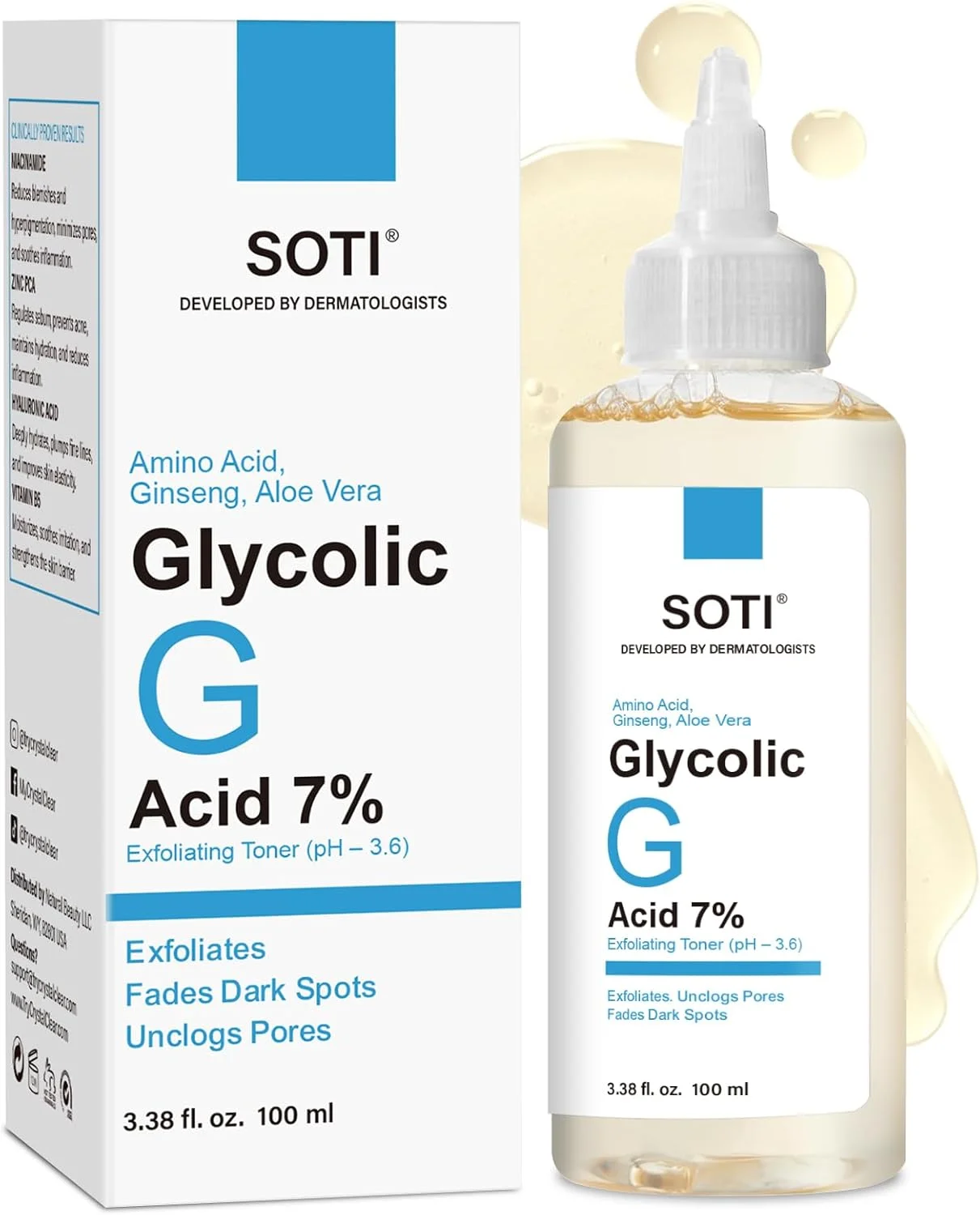 تونر گلیکولیک اسید 7% AHA، تونر لایه بردار صورت با آلوئه ورا، جینسینگ و آمینو اسیدها، روشن کننده پوست، کوچک کننده منافذ، ضد پیری، وگان، 100 میلی لیتر، سوتی