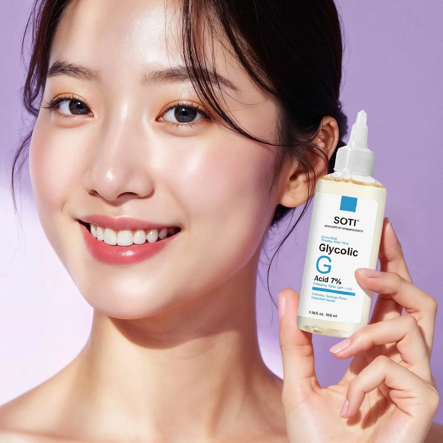 تونر گلیکولیک اسید 7% AHA، تونر لایه بردار صورت با آلوئه ورا، جینسینگ و آمینو اسیدها، روشن کننده پوست، کوچک کننده منافذ، ضد پیری، وگان، 100 میلی لیتر، سوتی