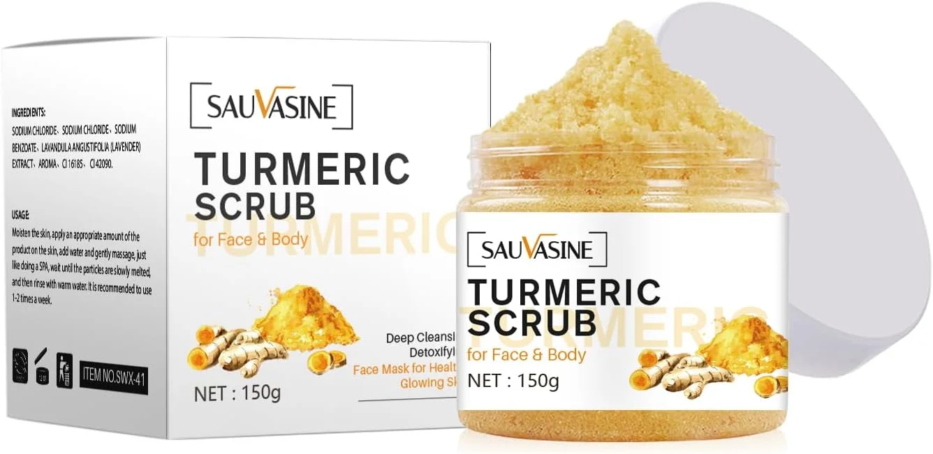 اسکراب بدن، اسکراب لایه بردار زردچوبه، لایه برداری ملایم پا، دست و صورت با روغن تخمه آفتابگردان و گل مغربی، مرطوب کننده پوست برای زنان و مردان، 150 گرم