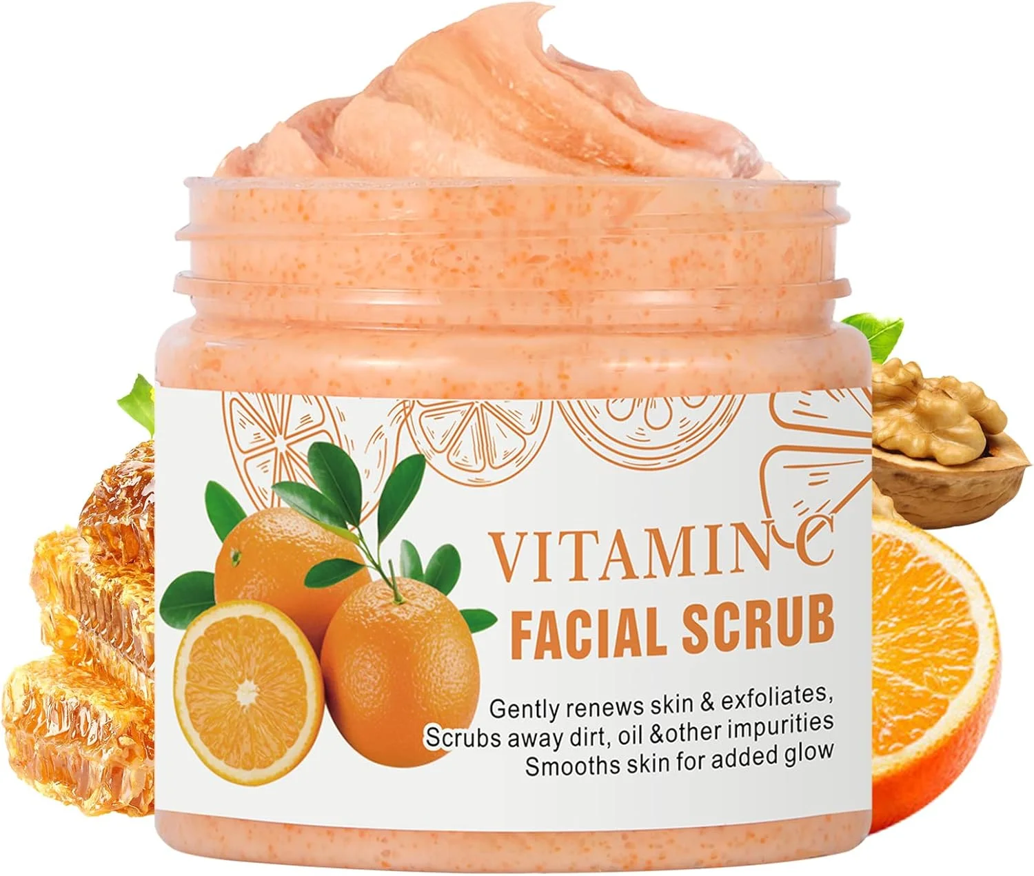 اسکراب صورت ویتامین C، لایه بردار ملایم صورت، اسکراب مرطوب کننده و روشن کننده صورت، لایه بردار صورت برای جوش های سرسیاه، آکنه و پوست کدر، اسکراب لایه بردار و پاک کننده عمیق صورت 100 گرم
