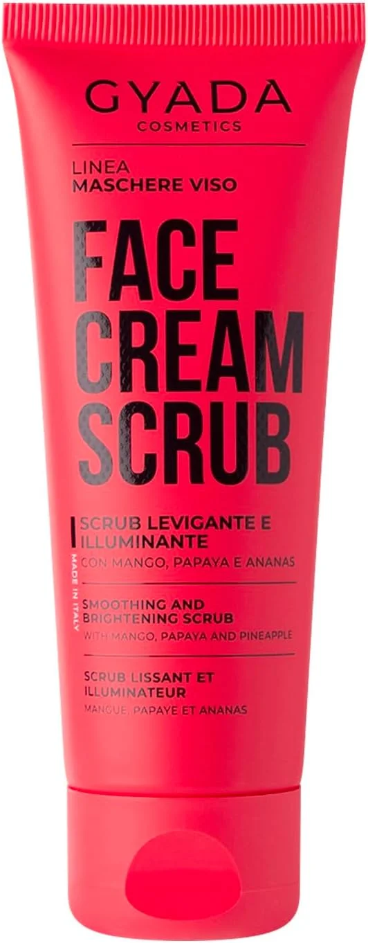 اسکراب صورت صاف کننده و روشن کننده جیادا کازمتیکس، لایه بردار و مرطوب کننده، مناسب انواع پوست، فرمول انبه، پاپایا و آناناس، رنگ طلایی، حاوی شی باتر، 75 میلی لیتر