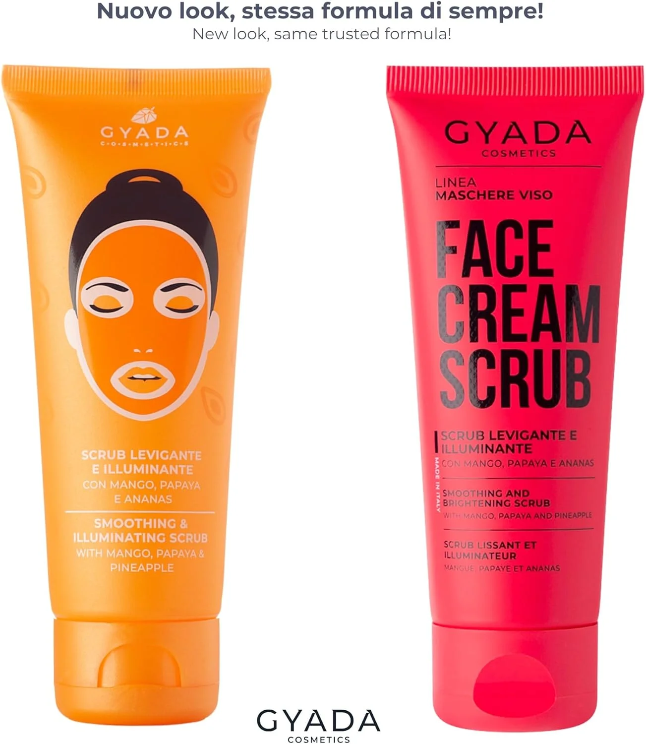 اسکراب صورت صاف کننده و روشن کننده جیادا کازمتیکس، لایه بردار و مرطوب کننده، مناسب انواع پوست، فرمول انبه، پاپایا و آناناس، رنگ طلایی، حاوی شی باتر، 75 میلی لیتر