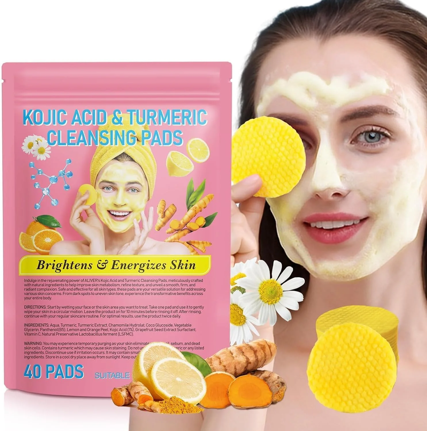 پدهای پاک کننده صورت زردچوبه و کوجیک اسید، 40 عددی، پدهای پاک کننده زردچوبه، اسفنج های فشرده صورت برای پاکسازی و لایه برداری