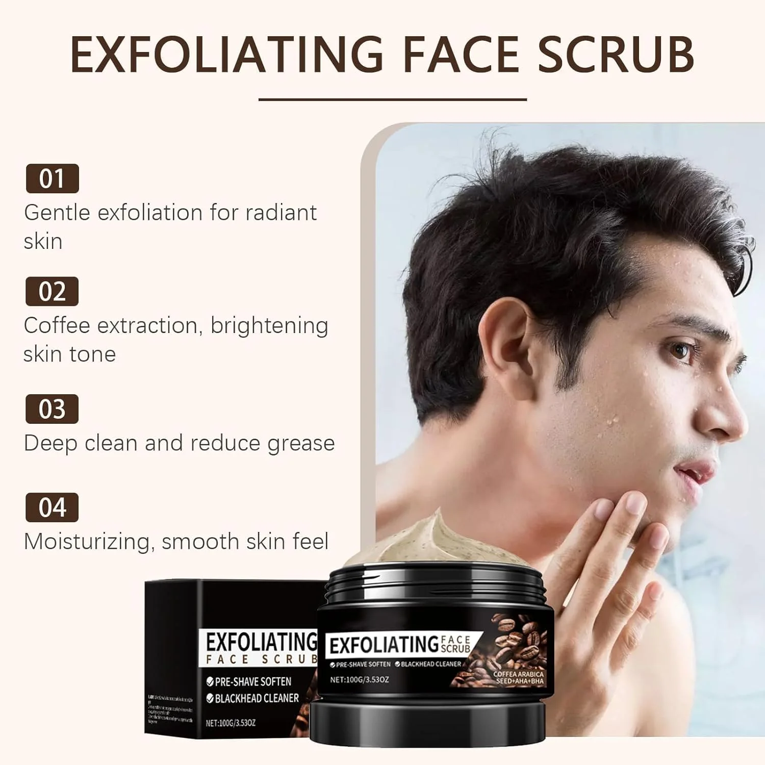 اسکراب صورت مردانه با قهوه - لایه بردار صورت برای پاکسازی عمیق منافذ، حذف جوش های سرسیاه و آکنه، آبرسان و تسکین دهنده برای پوست صاف، ایده آل برای مراقبت قبل از اصلاح