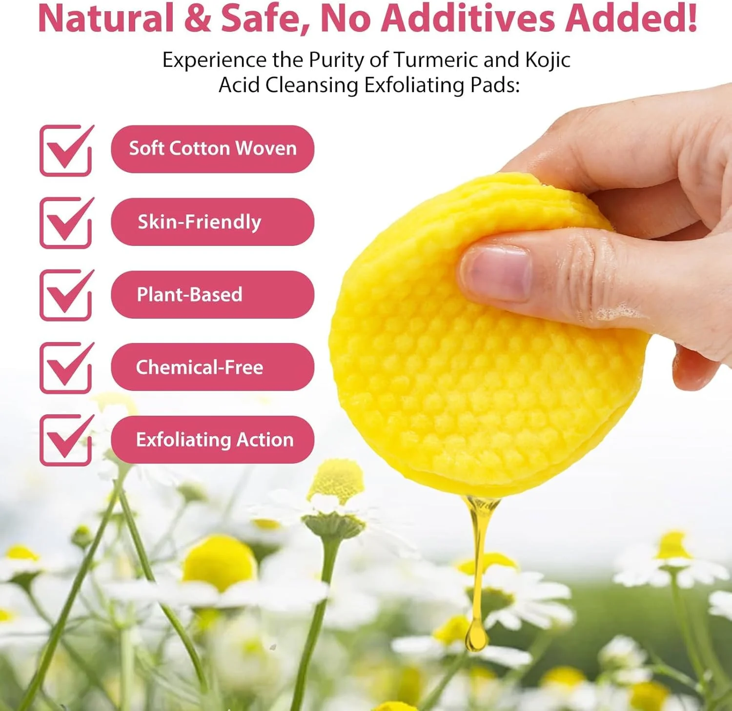 پدهای پاک کننده صورت زردچوبه و کوجیک اسید، 40 عددی، پدهای پاک کننده زردچوبه، اسفنج های فشرده صورت برای پاکسازی و لایه برداری