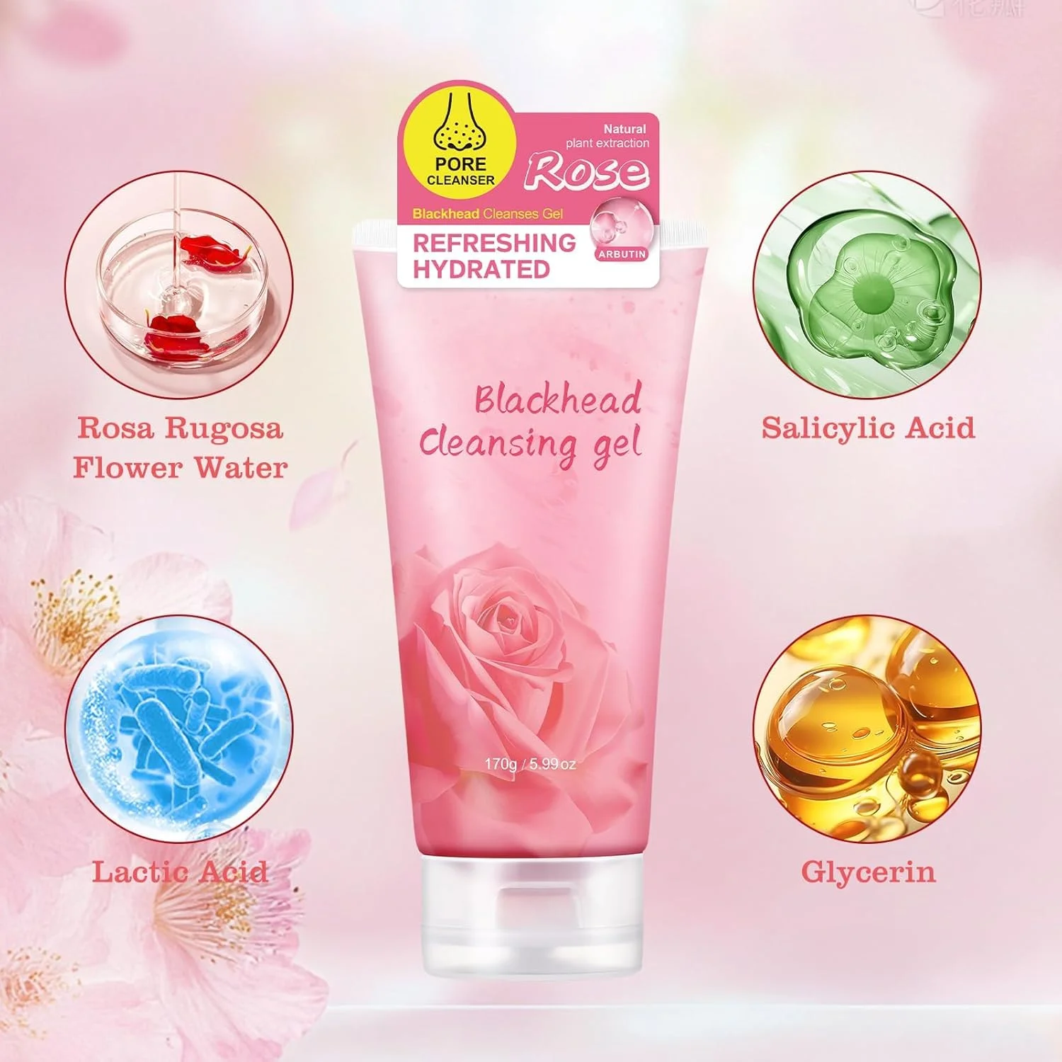 ژل پاک کننده جوش سرسیاه گل رز، برای صورت، بینی، بدن، پاکسازی عمیق، مرطوب کننده، کنترل چربی، ژل لایه بردار صورت برای انواع پوست