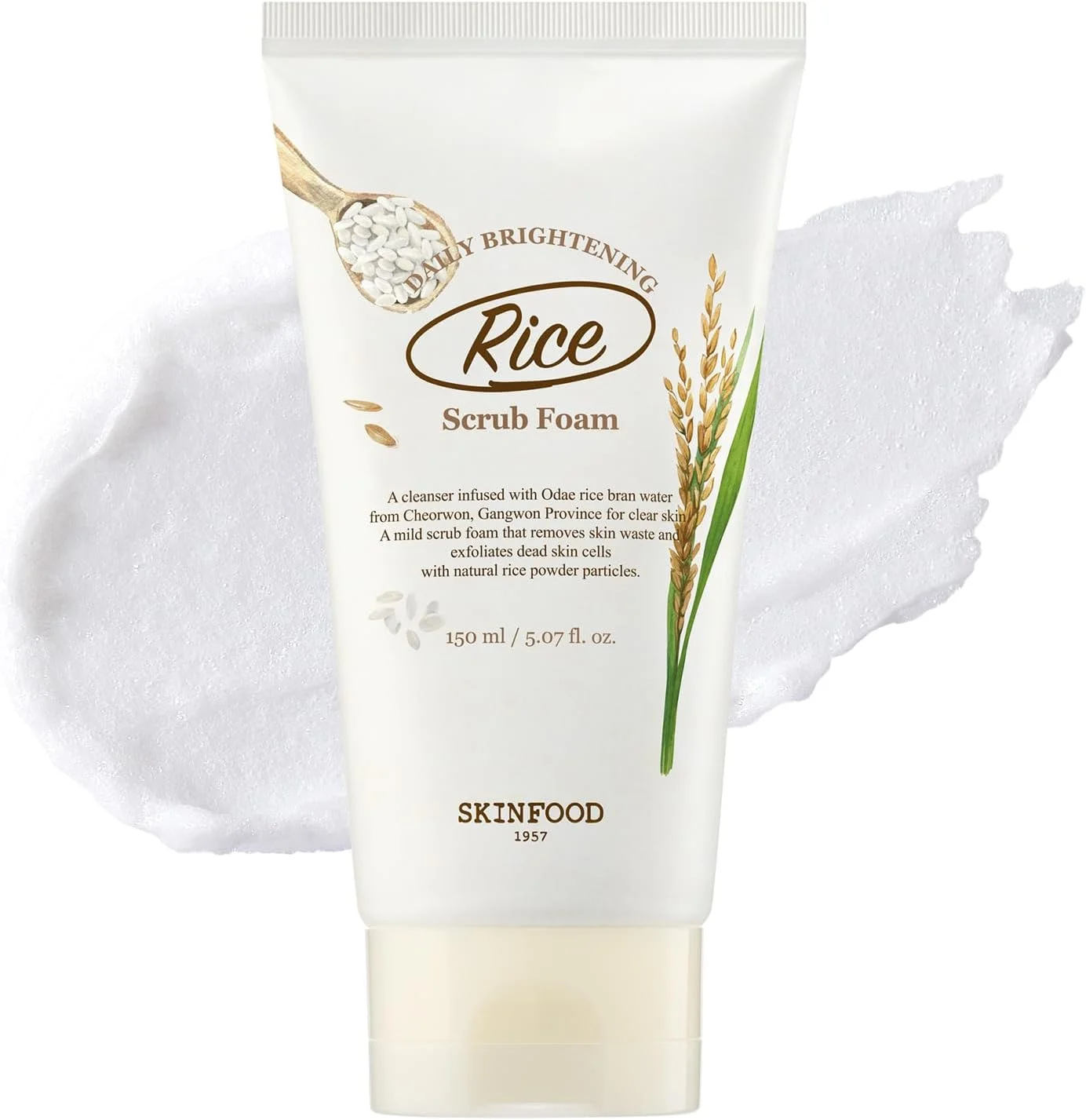 اسکراب فوم روشن کننده روزانه برنج SKIN FOOD از سال 1957، 150 میلی لیتر - پاک کننده فوم اسکراب صورت با سبوس برنج ریز و ضد حساسیت، لایه بردار پوست با فوم متراکم