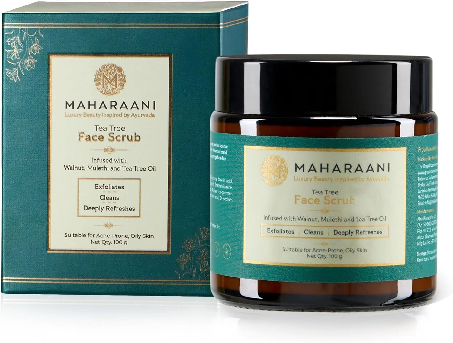 اسکراب صورت درخت چای آیورودا | لایه برداری ملایم، پاکسازی عمیق و احیای پوست | غنی شده با گردو، شیرین بیان و روغن درخت چای | 100 گرم