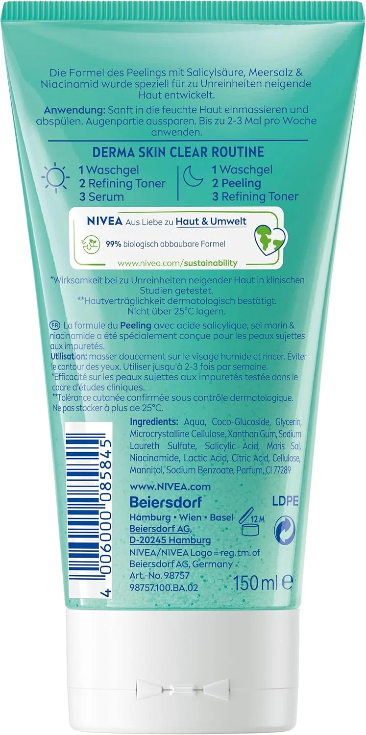 لایه بردار پوست NIVEA Derma Skin Clear، لایه برداری و پالایش منافذ پوست برای صورت و بدن، پاک کننده صورت با اسید سالیسیلیک و نیاسینامید برای بهبود محسوس رنگ پوست (150 میلی لیتر)