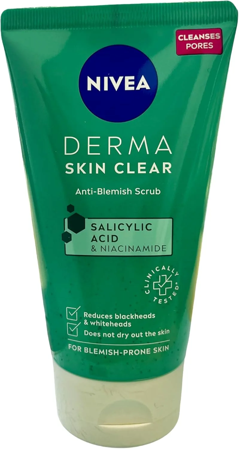 اسکراب صورت نیوآ Derma Skin Clear، اسکراب لایه بردار صورت، اسکراب صورت حاوی اسید سالیسیلیک غنی شده با نیاسینامید برای باز کردن منافذ و بهبود بافت پوست، 150 میلی لیتر