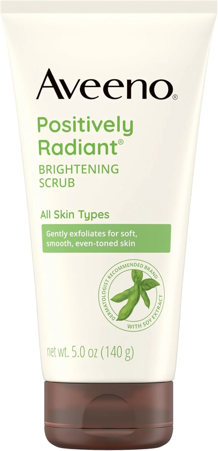 اسکراب لایه بردار صورت Aveeno Positively Radiant، اسکراب روشن کننده صورت با عصاره سویا برای بهبود قابل مشاهده رنگ و بافت پوست، فاقد چربی، فاقد صابون، فرمول ضد حساسیت، 5 FL OZ