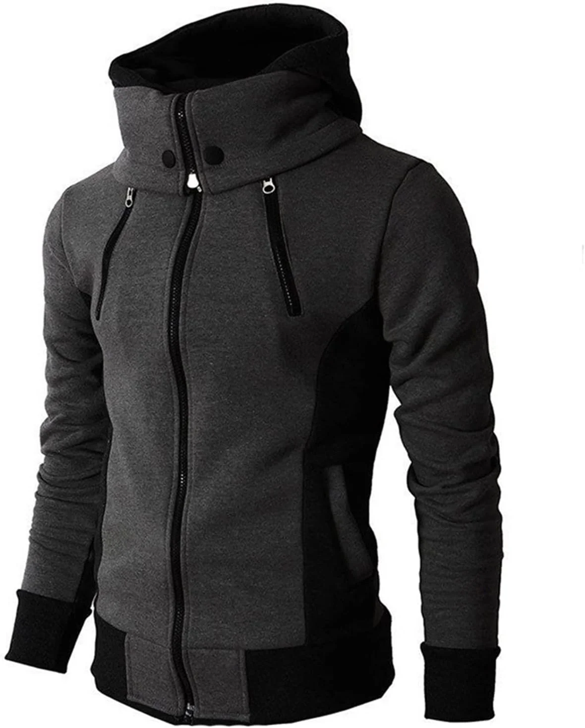 کاپشن مردانه زیپ دار کلاه دار بهاره پاییزه، سویشرت کلاه دار پشمی مردانه، لباس ورزشی، یقه شال، اندامی، تاپ مردانه (رنگ: خاکستری تیره، سایز: XXL)