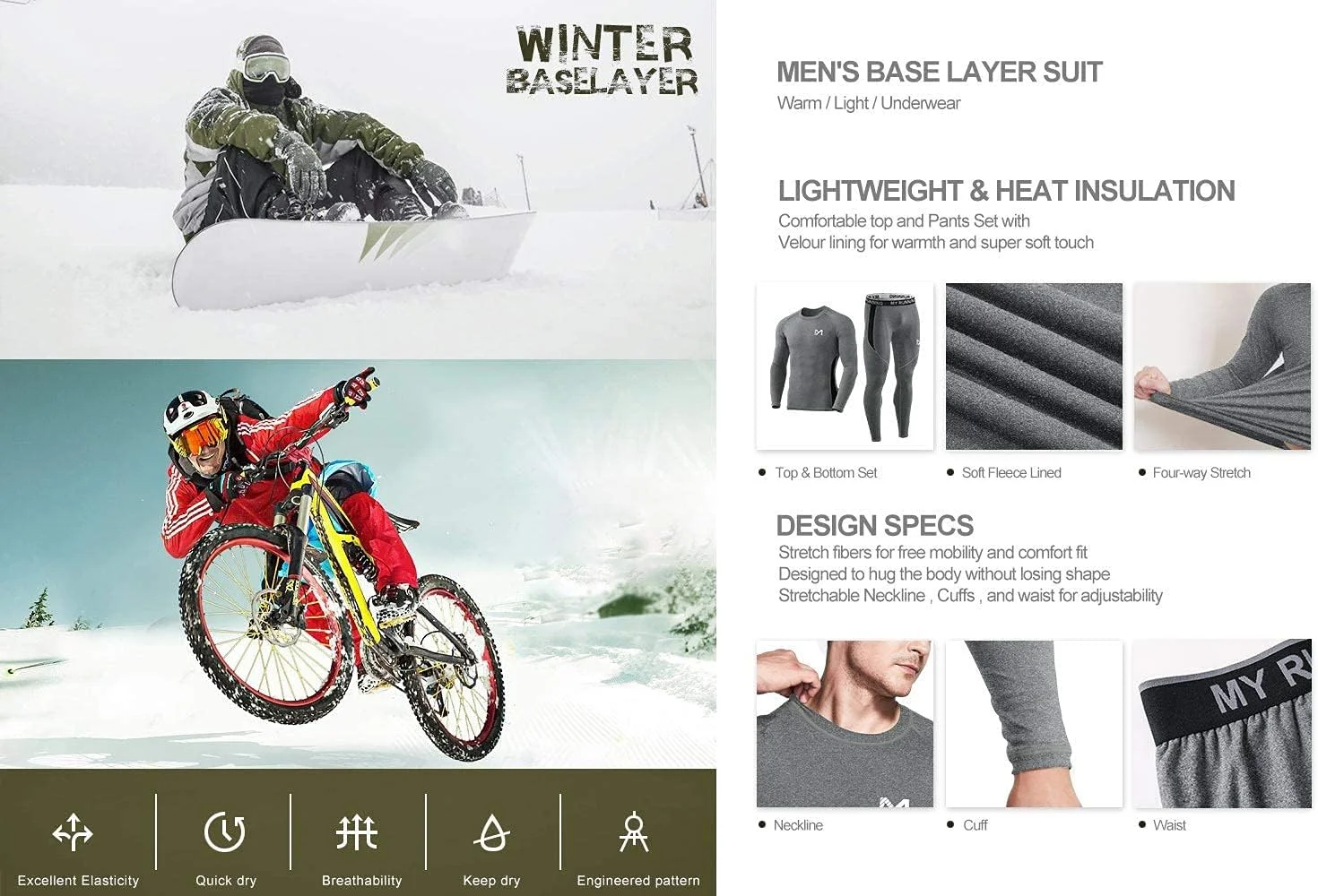 MEETYOO ست لباس زیر حرارتی مردانه، لایه پایه آستین بلند ورزشی