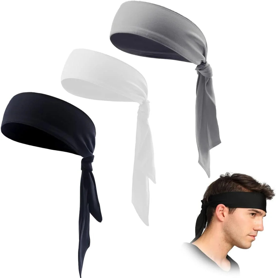 هدبند ورزشی MAKINGTEC برای مردان و زنان، ضد عرق، مناسب دویدن و ورزش، کش مو، گیره مو الاستیک (ست 3 عددی، مشکی، سفید، خاکستری)