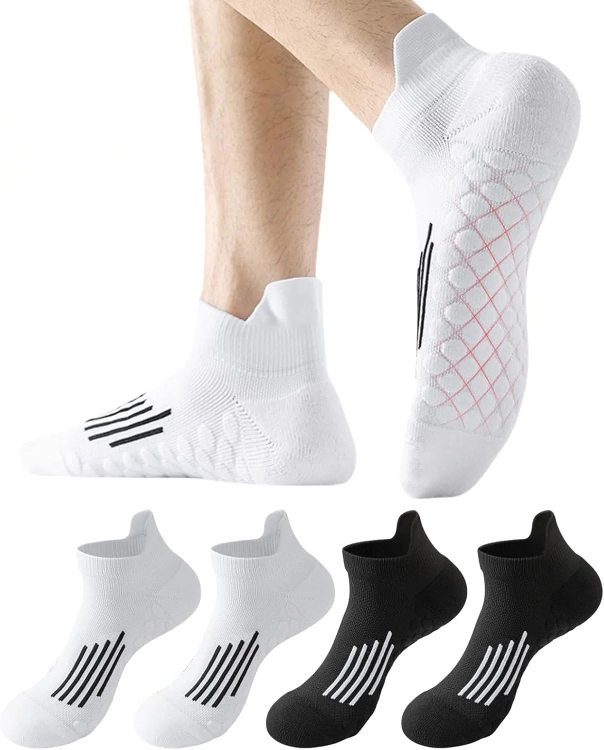 4 جفت جوراب ورزشی مردانه نخی، ضد عرق، مقاوم در برابر بو و جوراب مچی تنفسی برای دویدن ماراتن بسکتبال، مشکی سفید، 39-44
