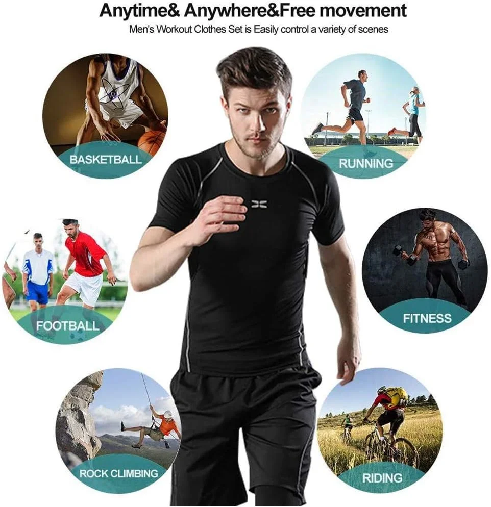 ست لباس ورزشی مردانه، شامل 5 تکه، سبک، راحت، شامل ژاکت کلاه دار + تیشرت آستین بلند + شورت ورزشی + لگینگ