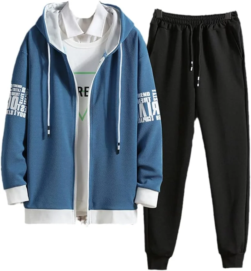 ست دو تکه هودی و شلوار مردانه JINFUHAO مناسب بهار و تابستان، مدل کره ای، اسپرت و آزاد - شلوار آبی مشکی, S