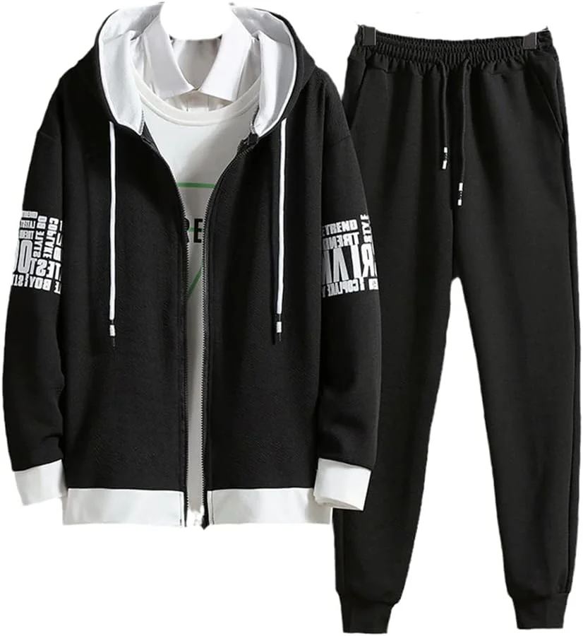 ست دو تکه هودی و شلوار مردانه JINFUHAO مناسب بهار و تابستان، مدل کره ای، اسپرت، مشکی، سایز L