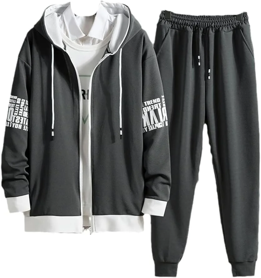 ست دو تکه هودی و شلوار مردانه بهاره و تابستانه JINFUHAO، مدل کره ای، گشاد، مناسب استایل کژوال، رنگ طوسی تیره 9 سایز L