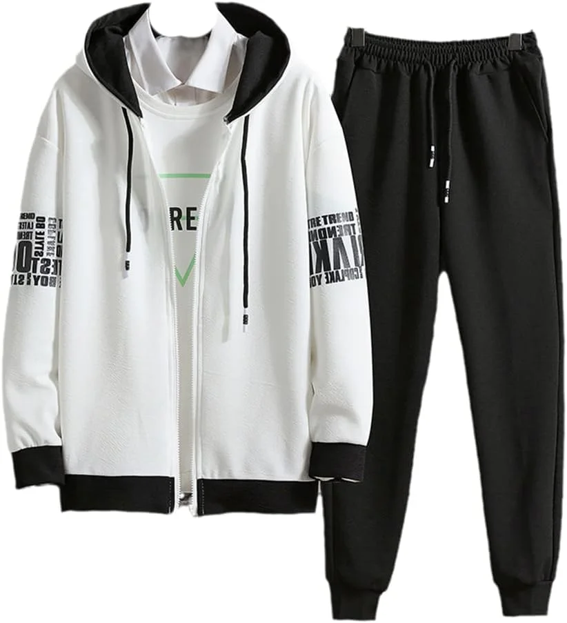 ست دو تکه هودی و شلوار مردانه JINFUHAO مناسب بهار و تابستان، مدل کره ای، اسپرت و آزاد، شلوار سفید مشکی L، شلوار سفید مشکی، L