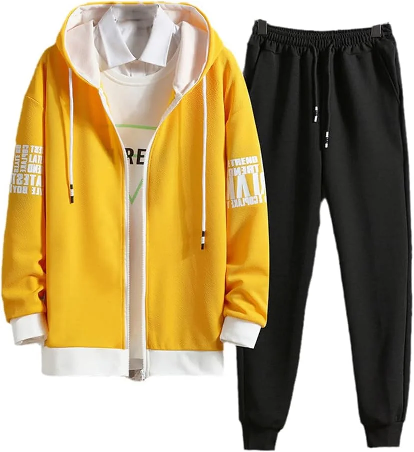 ست دو تکه هودی و شلوار مردانه JINFUHAO مناسب بهار و تابستان، مدل کره ای، اسپرت و غیر رسمی - شلوار زرد مشکی M
