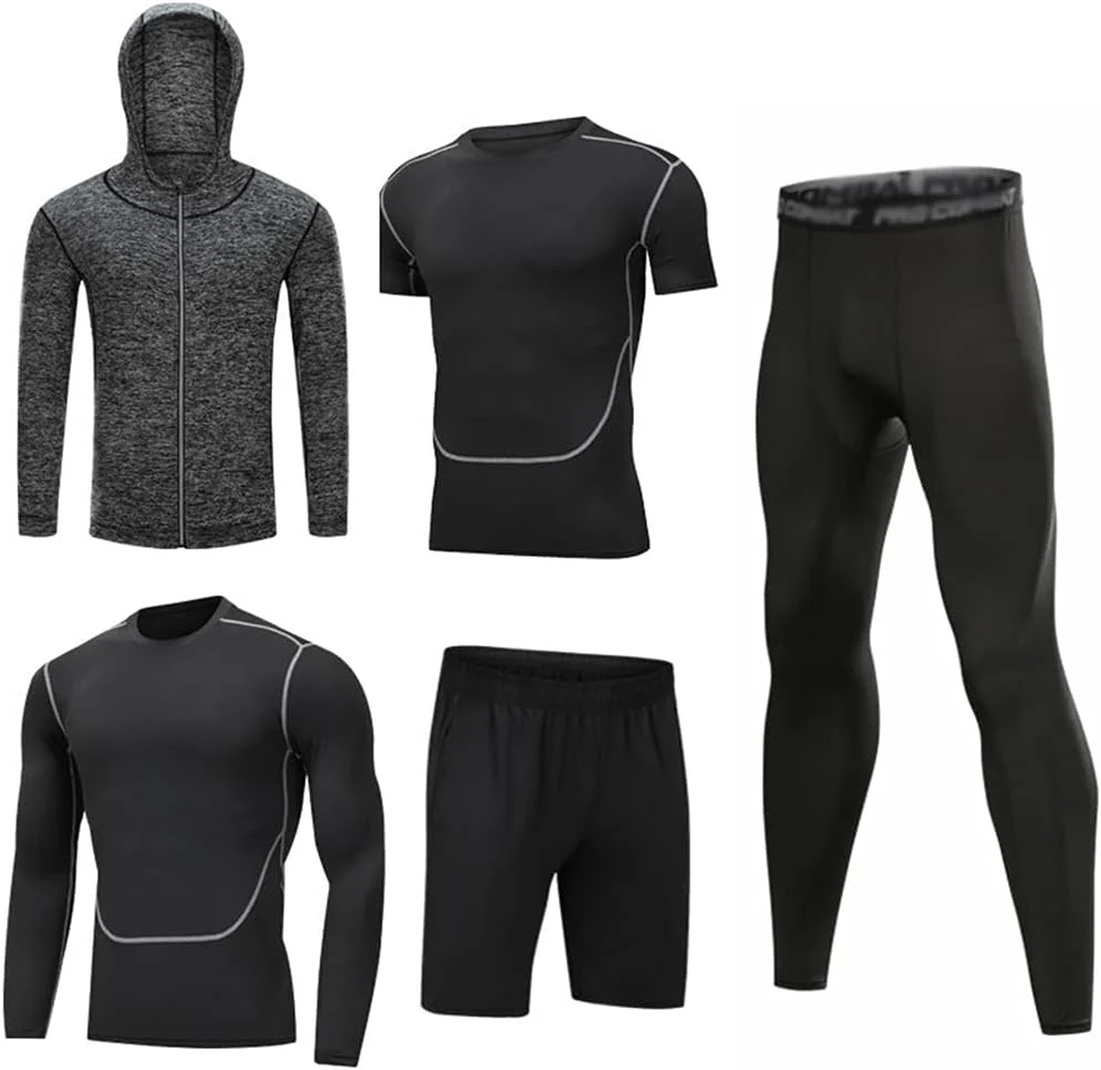 ست لباس ورزشی مردانه 5 تکه، شامل تیشرت فشاری، لباس ورزشی، خشک‌شونده سریع و تنفسی برای دویدن، باشگاه و فیتنس