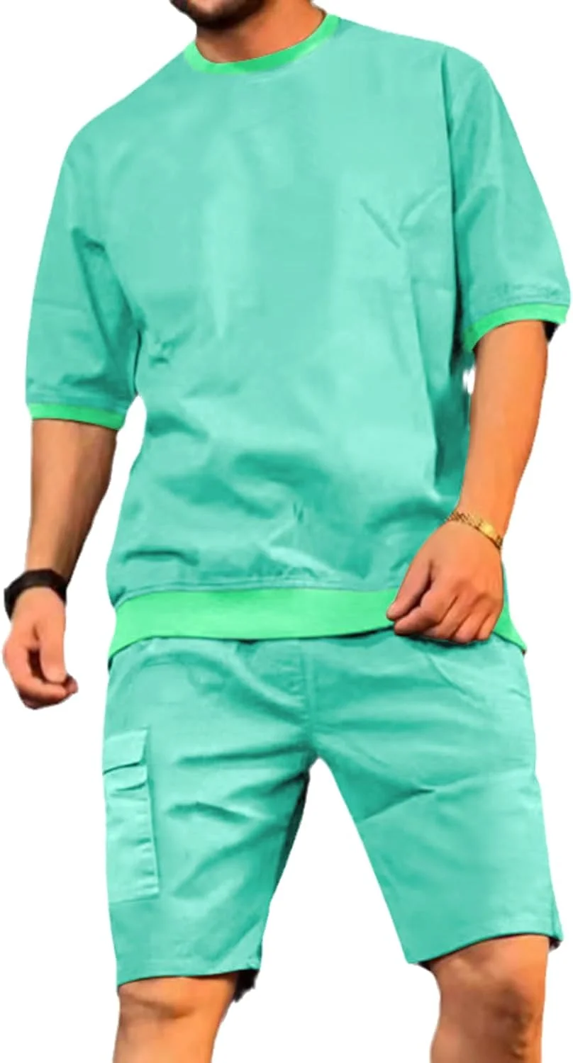 ست لباس ورزشی مردانه، تی شرت آستین کوتاه و شلوارک جیب دار، رنگ ثابت، دو تکه