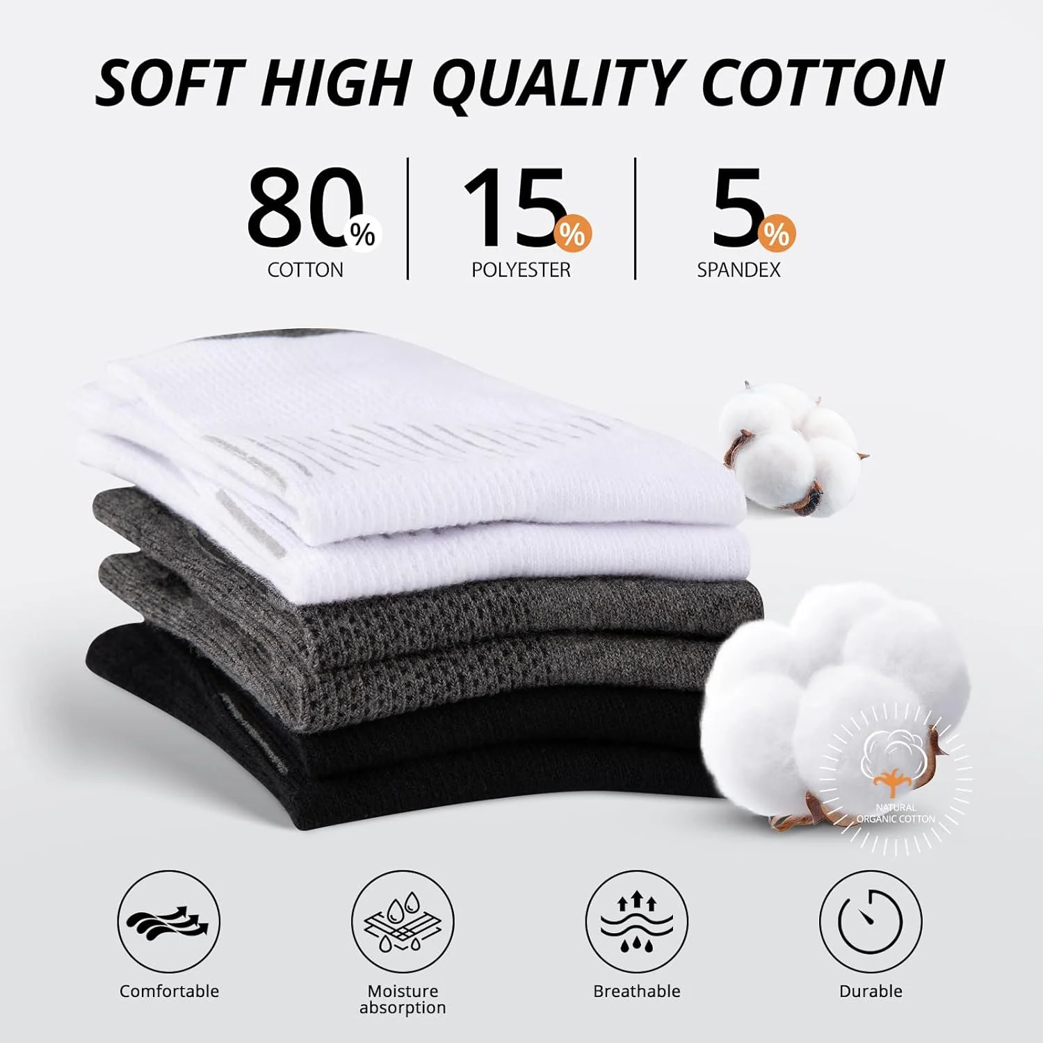 جوراب مچی مردانه Heatuff، نخی، نازک، رطوبت گیر، روزمره، ساق متوسط (6 جفت)