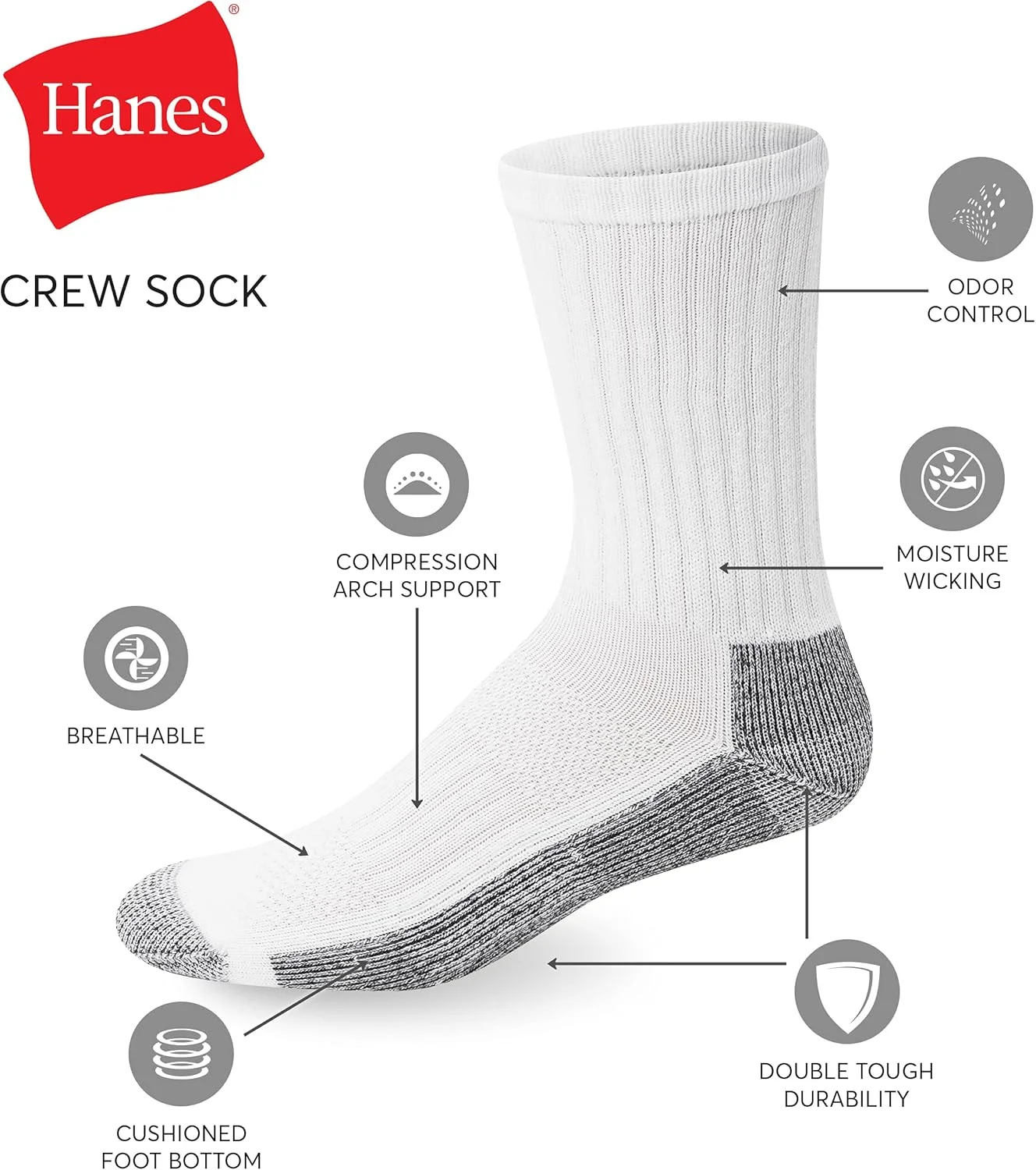 جوراب ساق بلند مردانه هینز، جوراب های کار با بالشتک، جوراب های رطوبت گیر و کنترل بو، مشکی و سفید، بسته های 6 و 12 عددی موجود است (بسته 6 عددی)