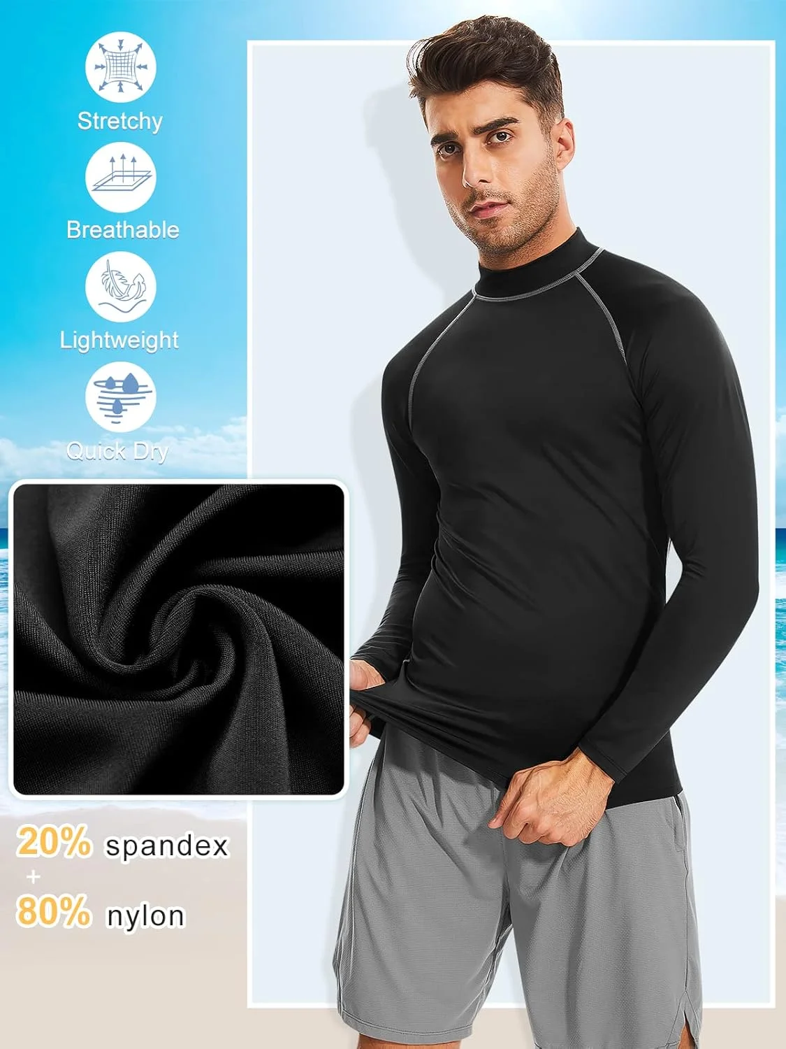 محافظ بث برای مردان، پیراهن های آستین بلند شنا مردانه - محافظت در برابر آفتاب ماوراء بنفش 50+ با قابلیت خشک شدن سریع برای ورزش های آبی
