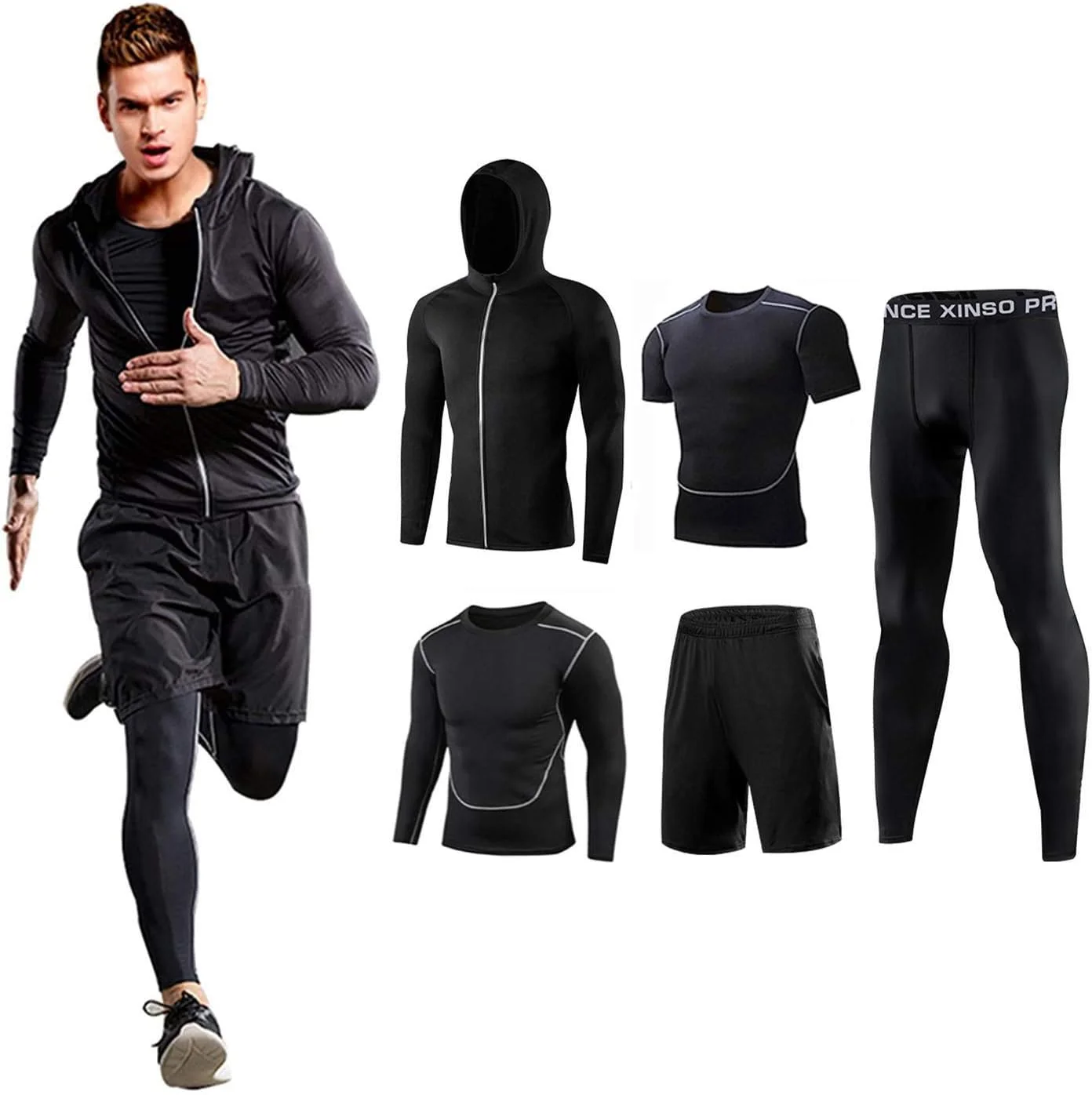 ست لباس ورزشی مردانه فویتا، ست 5 تکه لباس تمرینی، تنفسی، مقاوم در برابر بو، لباس ورزشی، لباس دویدن، هودی، آستین بلند، شلوارک، جوراب شلواری، جاذب عرق، خشک شدن سریع