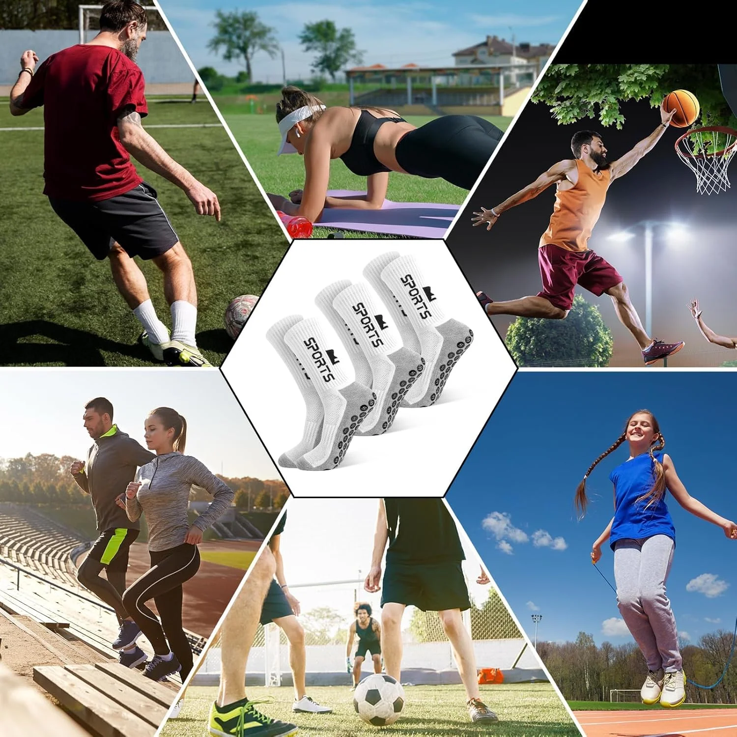 جوراب های ورزشی مردانه ضد لغزش مناسب فوتبال، بسکتبال، دویدن، راگبی، پیاده روی و فوتبال - 3 جفت