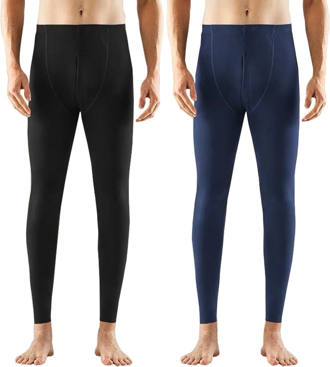 لباس زیر حرارتی مردانه Ouruikia، شلوار حرارتی پشمی سبک وزن، ساق گرم بلند، بسته 2 عددی - مشکی + آبی، M