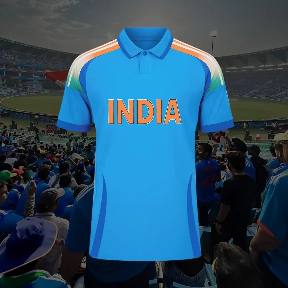 تی‌شرت ورزشی مردانه هندی – پیراهن کریکت آبی با آستین کوتاه و یقه دار – لباس ورزشی ایده آل برای تمرین کریکت، فعالیت های تیمی و استفاده روزانه