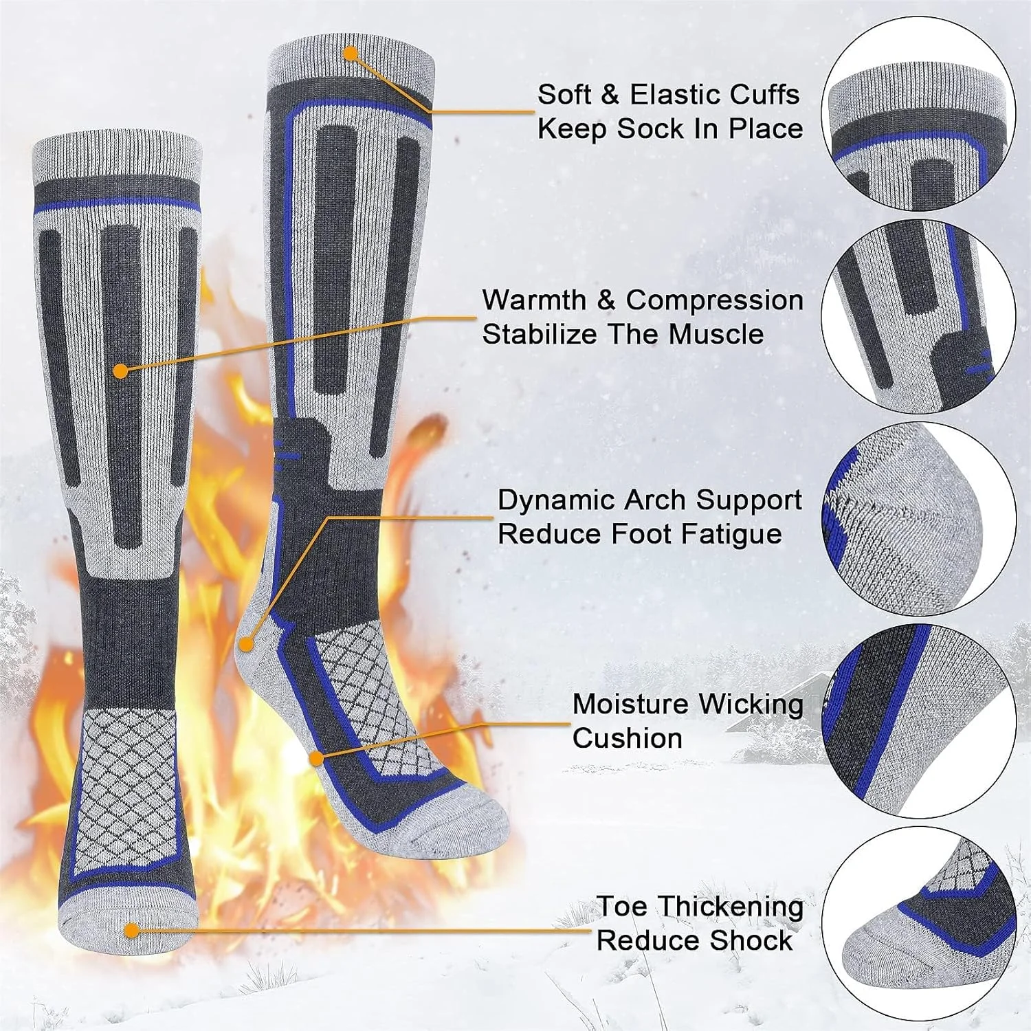 جوراب‌های اسکی حرارتی، 2 جفت جوراب ساق بلند ضخیم و گرم، جوراب ورزشی ساق بلند زمستانی مردانه برای اسکی، اسنوبرد، پیاده‌روی و کوهنوردی