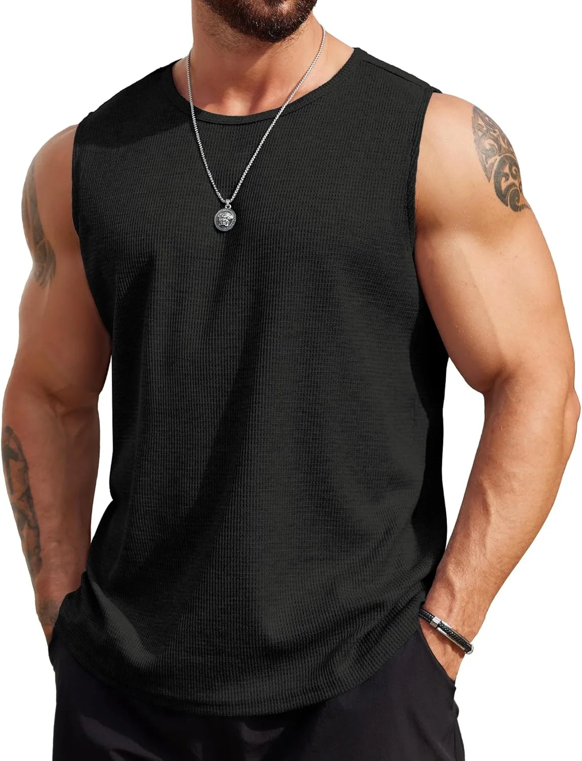 COOFANDY تاپ ورزشی مردانه، آستین حلقه ای، مناسب باشگاه، تی شرت عضلانی، بسته 2 عددی، تانک بافتنی وافل، خنک و تنفسی