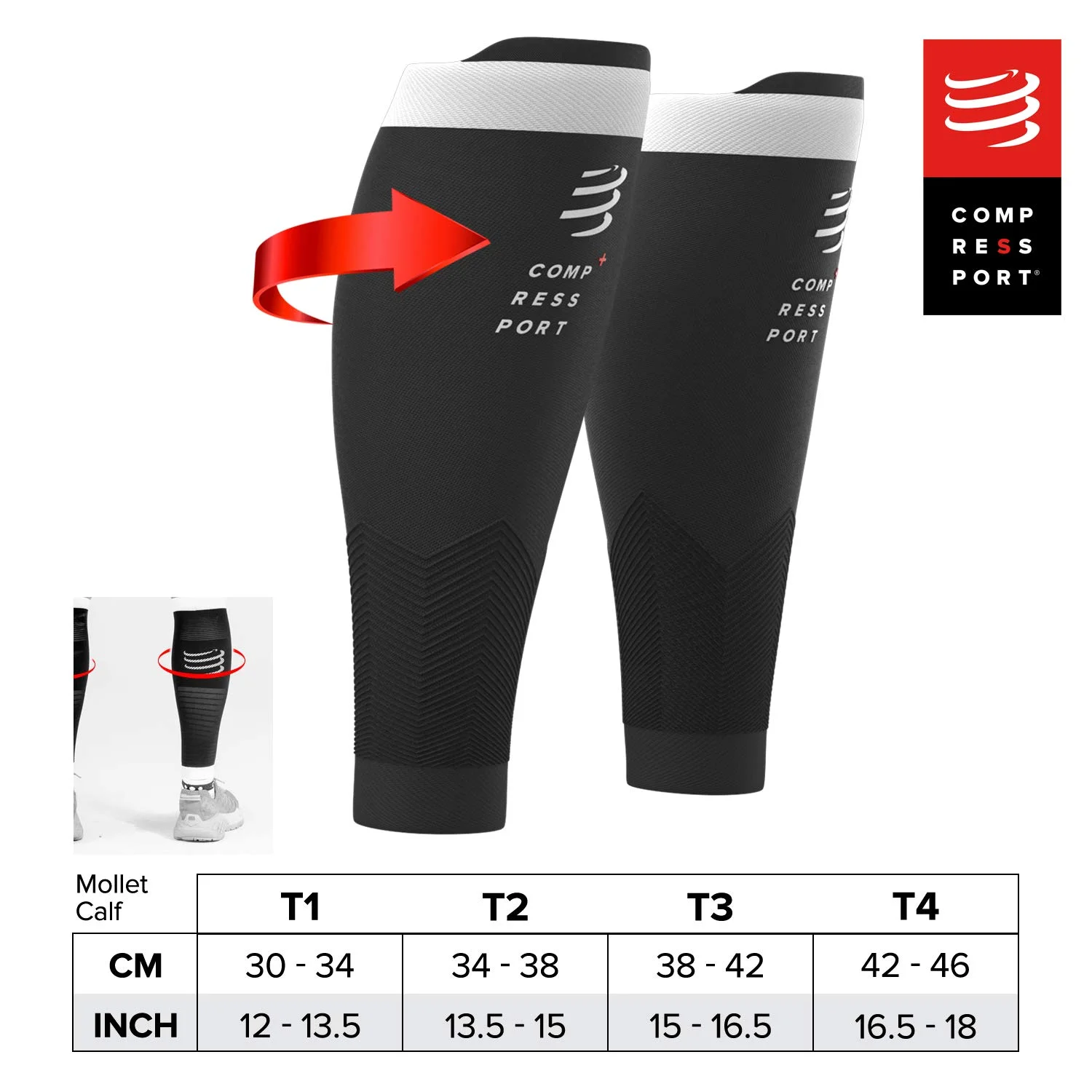 جوراب ساق بلند ورزشی فشاری کامپرسپورت مدل R2v2، مشکی، سایز T2 UK، 34-38