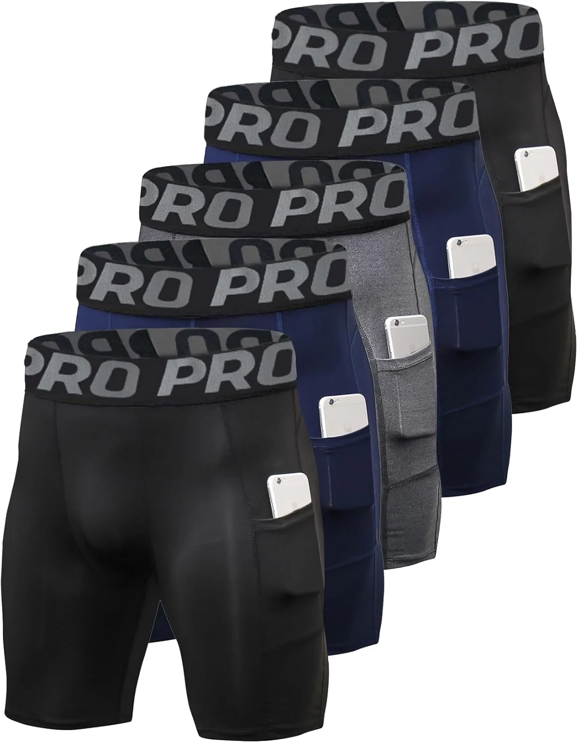 شورت ورزشی مردانه فشاری با جیب تلفن، مناسب باشگاه، یوگا، خشک‌شونده سریع، لباس زیر ورزشی، بسته‌ی 3 عددی