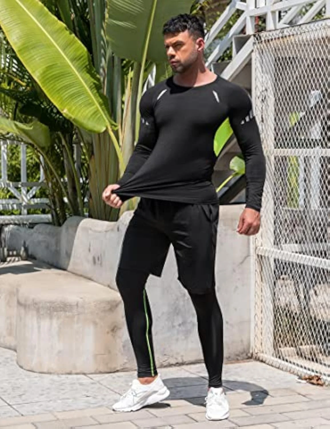 ست لباس ورزشی مردانه شامل تاپ آستین بلند، لگینگ تنفسی و شورت ورزشی جیب دار، مناسب برای فیتنس، تمرین، باشگاه، مشکی سایز XL (سه تکه)