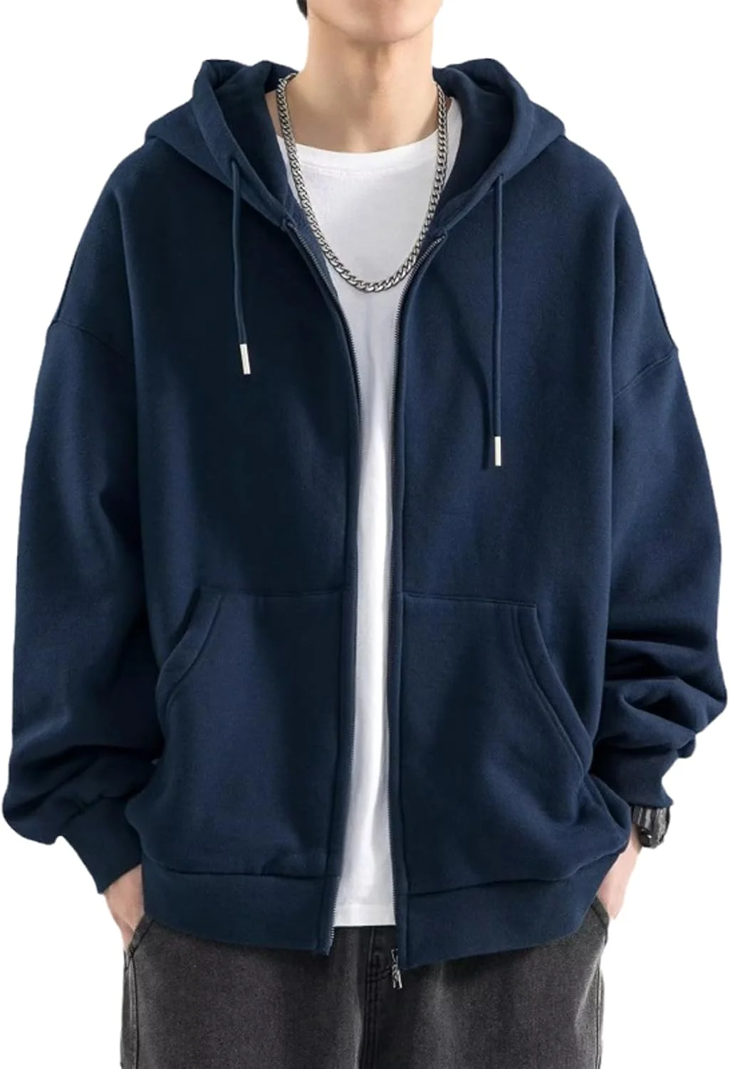 هودی مردانه رنگ ثابت، ترند خیابانی، زیپ‌دار، آزاد، مناسب هیپ هاپ و ورزش