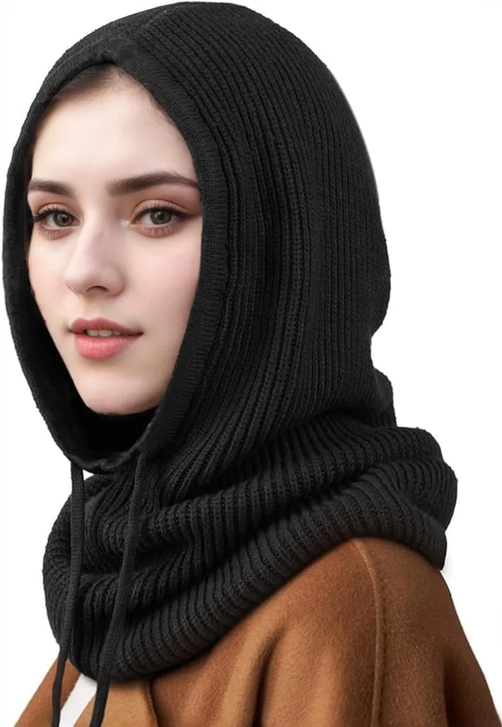 کلاه زمستانی زنانه، کلاه شال گردن کلاه دار بند کشی قابل تنظیم برای زنان، کلاه بافتنی اسکی، کلاه مردانه، پوشش گردن
