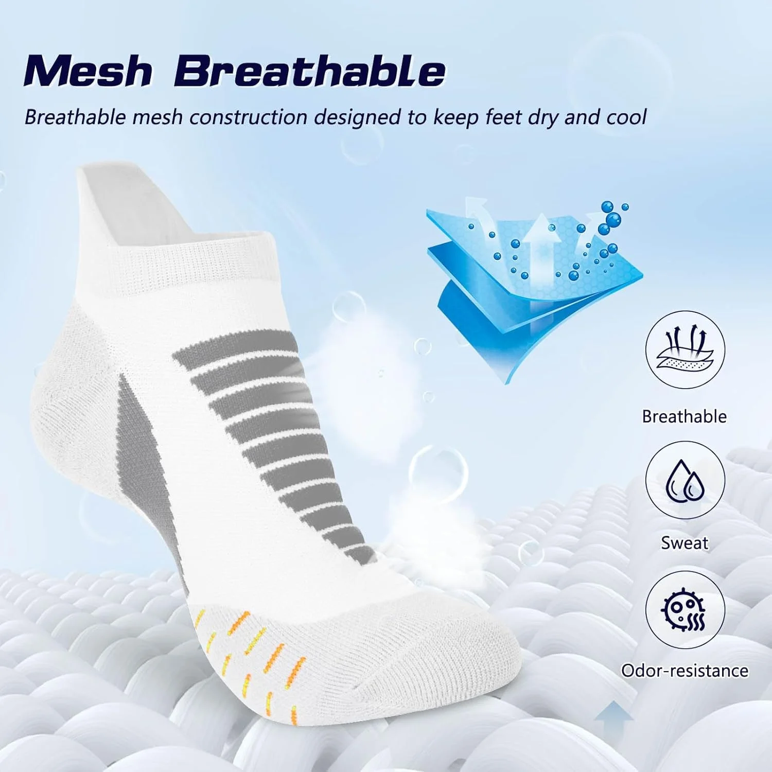 جوراب ورزشی مچی آزونه، 6 جفت جوراب ساق کوتاه ضخیم با پد محافظ پاشنه، تنفسی و بدون نمایش با زبانه پاشنه، سایز 37-44