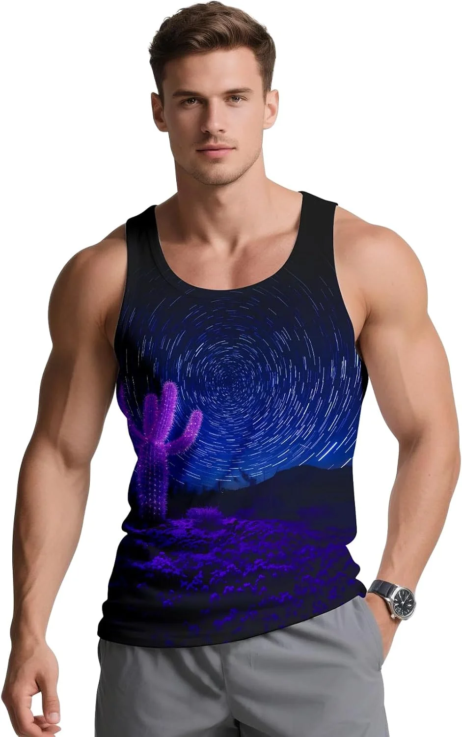 تاپ ورزشی مردانه طرح گرافیکی سه بعدی آستین حلقه ای مناسب باشگاه و ورزش های تابستانی با قابلیت خشک شدن سریع