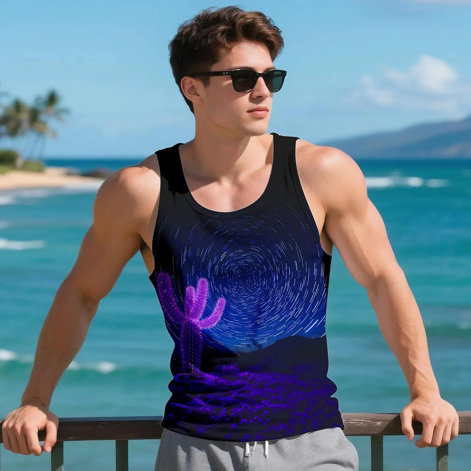 تاپ ورزشی مردانه طرح گرافیکی سه بعدی آستین حلقه ای مناسب باشگاه و ورزش های تابستانی با قابلیت خشک شدن سریع