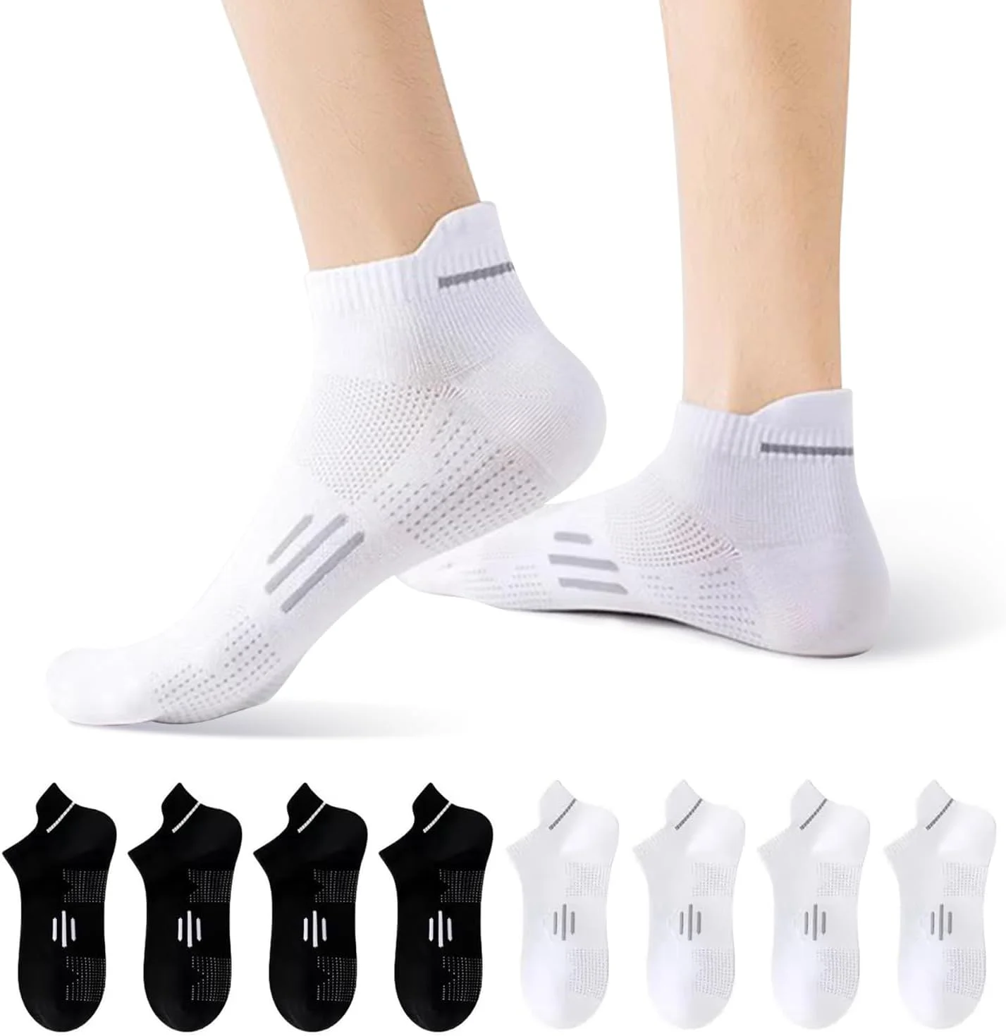 جوراب ورزشی مردانه نخی: 4 جفت جوراب زنانه بالشتکی، ضد عرق، مقاوم در برابر بو و تنفسی، جوراب های ساده دویدن، برای تمرین، پیاده روی، یک سایز (سفید و سیاه)